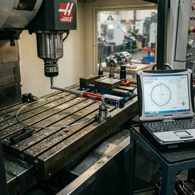 Renishaw QC20-W wireless ballbar test setup on a Haas CNC machine table with telescoping device connected between table center mount and spindle, Panasonic Toughbook showing circular deviation plot for CNC machining workflows
