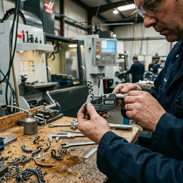 CNC machinist measuring chip thickness with a digital micrometer in a machine shop environment for CNC milling operations