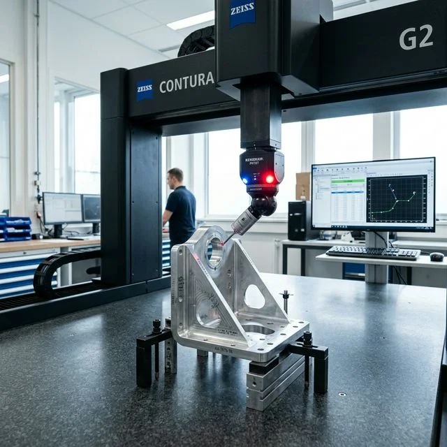 Zeiss CONTURA G2 bridge CMM with Renishaw scanning probe head inspecting a precision aluminum aerospace bracket on granite table, quality lab environment with monitors showing measurement data for CNC inspection workflows