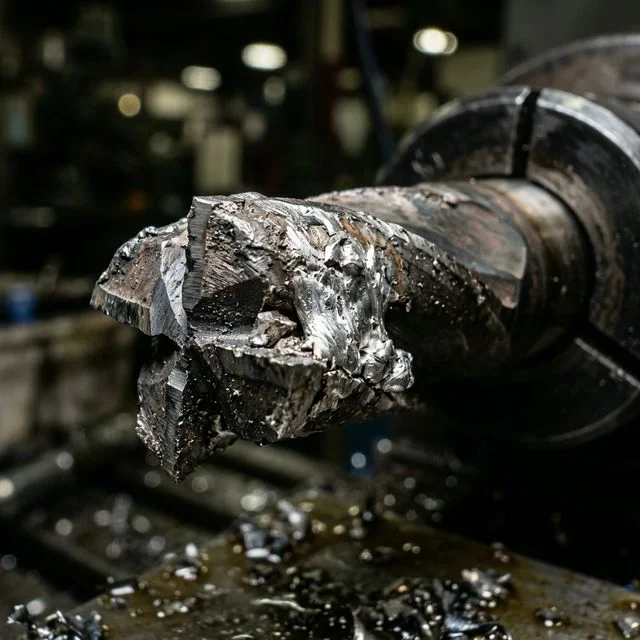 Macro close-up of built-up edge (BUE) on a carbide end mill from machining aluminum - material welded to cutting flutes for CNC milling operations