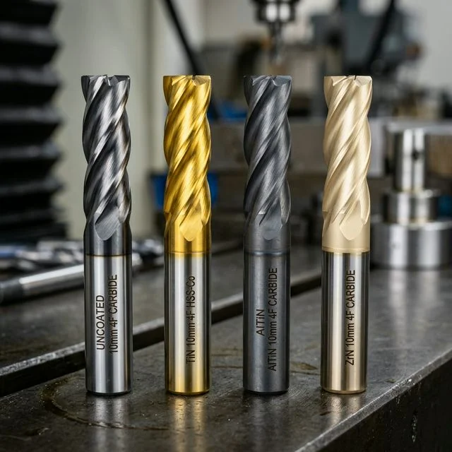 Four CNC carbide end mills with different coatings side by side: uncoated, golden TiN, dark AlTiN, and pale gold ZrN for CNC milling operations