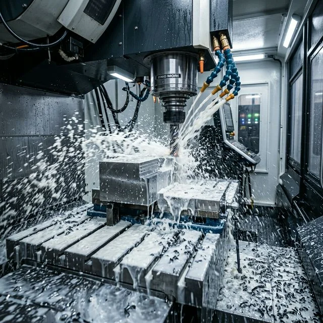 CNC milling machine with flood coolant spraying from multiple nozzles onto a steel workpiece during machining for CNC coolant management workflows
