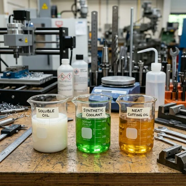 Three beakers of CNC coolant types: milky white soluble oil, clear green synthetic coolant, and amber neat cutting oil for CNC coolant management workflows