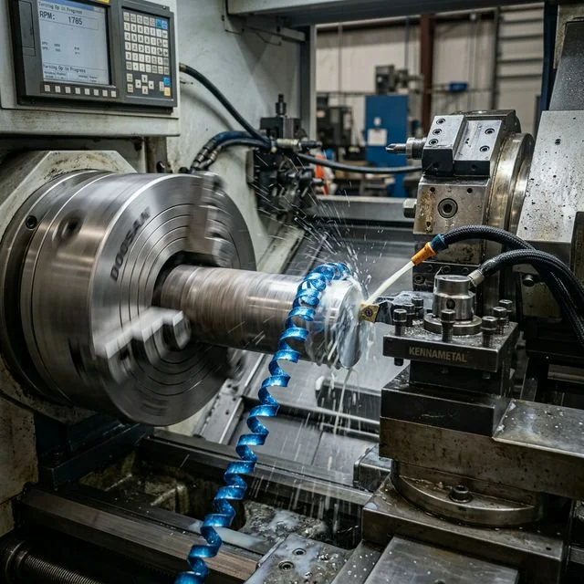 CNC lathe turning operation with a steel workpiece spinning at high RPM, a carbide insert producing a continuous blue spiral chip with coolant spray visible for CNC turning operations