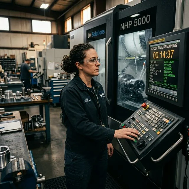 CNC machine operator reviewing cycle time countdown on a Fanuc controller screen showing remaining time, spindle speed, and feed rate data for CNC machining workflows