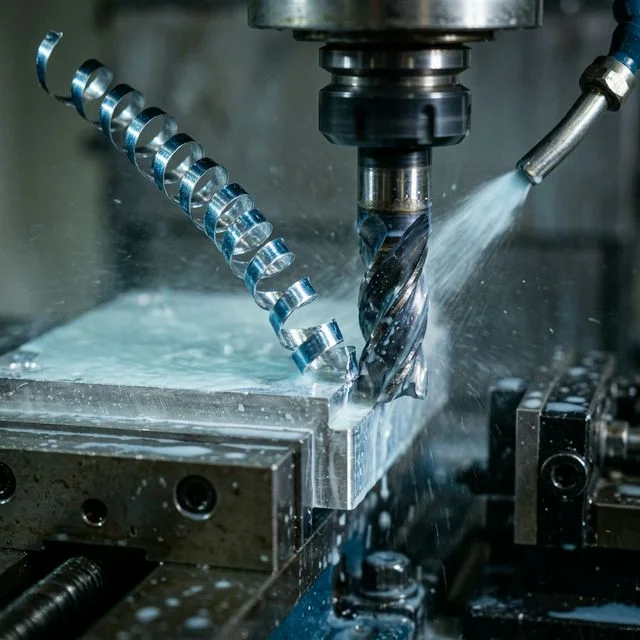 Macro close-up of blue-silver aluminum spiral chips curling off a carbide end mill during CNC milling with flood coolant spray, showing optimal chip formation from correct SFM for CNC coolant management workflows