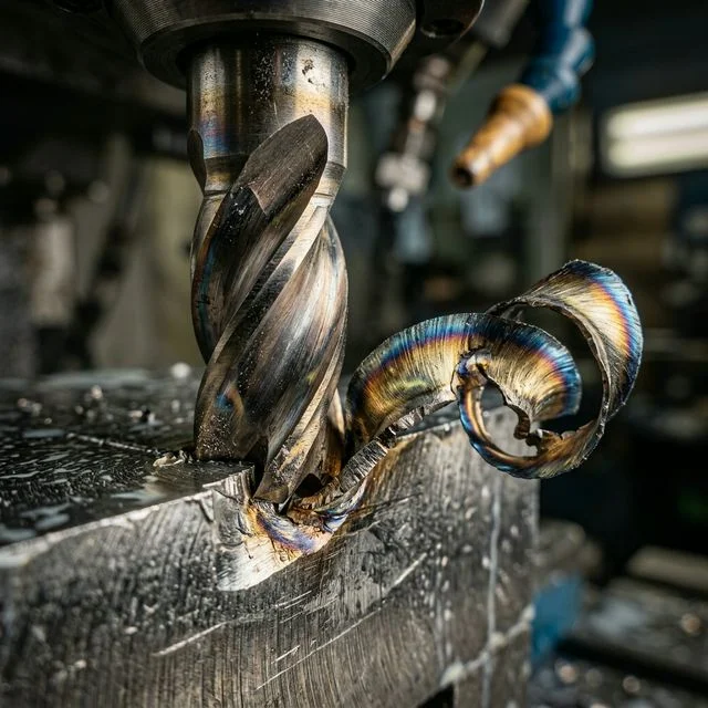 Macro close-up of machining chips curling off a carbide end mill — showing heat-tempered golden-blue chip formation for CNC milling operations
