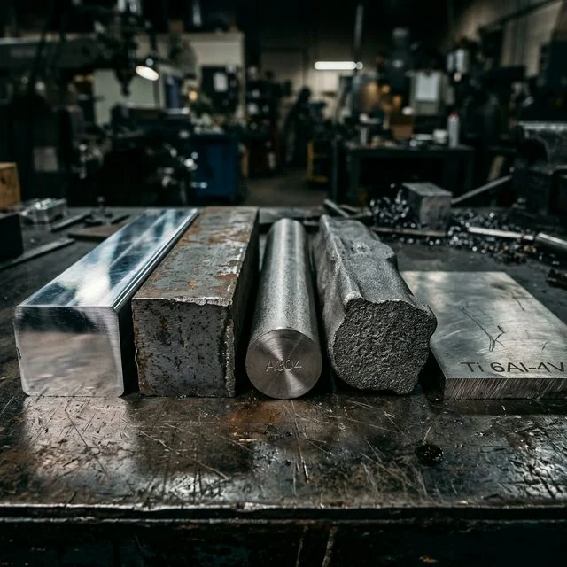 Different CNC machining materials side by side: aluminum, steel, stainless steel, titanium, and cast iron — each requiring distinct feeds and speeds for CNC machining workflows