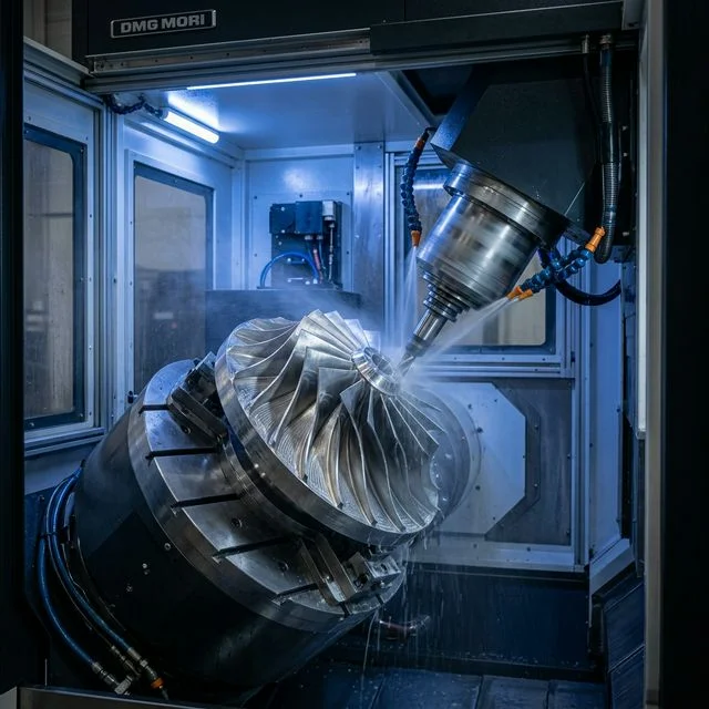 DMG MORI 5-axis CNC machining center with a titanium aerospace impeller being machined, trunnion table tilted, spindle reaching into a deep undercut with coolant mist visible for CNC coolant management workflows