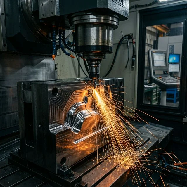CNC hard milling a mold cavity in hardened tool steel with bright orange sparks showering from the cutting zone for CNC milling operations