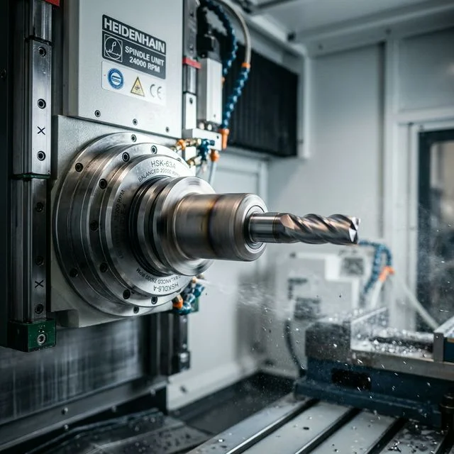High-speed CNC spindle with HSK tool holder and balanced carbide end mill ready for HSM operations for CNC milling operations