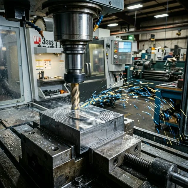 High speed CNC milling machine performing trochoidal milling with thin chips flying at high velocity for CNC milling operations