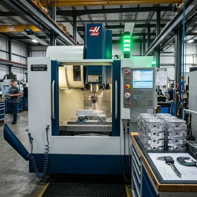 CNC vertical machining center with spindle running at high speed, green indicator light glowing, completed aluminum parts stacked on inspection table for CNC inspection workflows