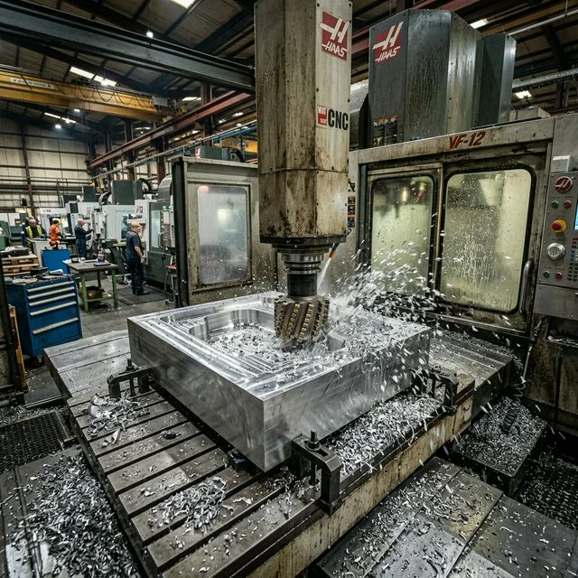 Heavy CNC roughing operation on a Haas VF-12 vertical machining center, massive aluminum workpiece with deep pockets being aggressively machined with chips piling up for CNC milling operations