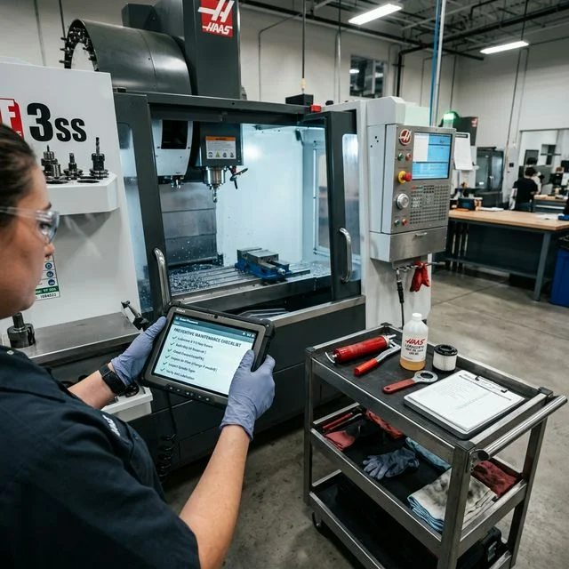 CNC maintenance engineer reviewing digital preventive maintenance checklist on tablet next to a Haas VF-3SS with maintenance tools on rolling cart for CNC maintenance workflows