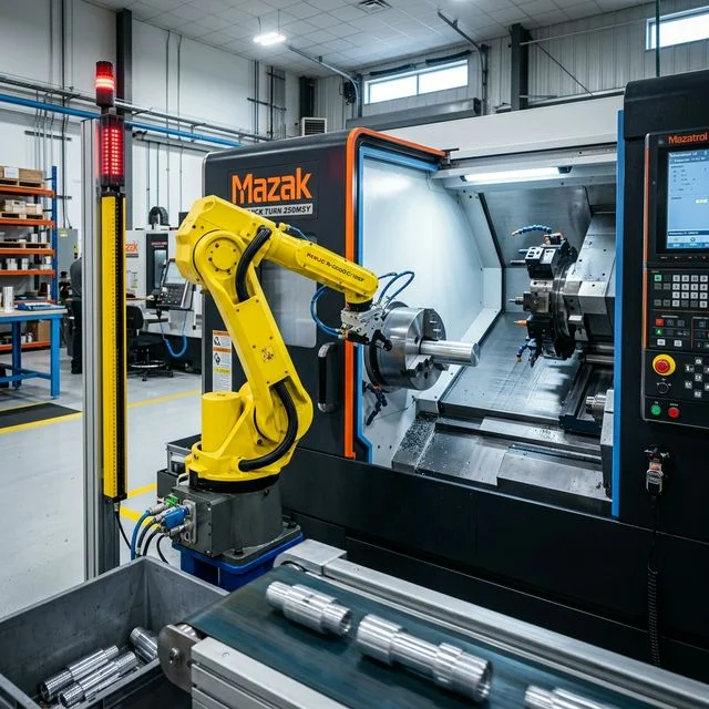 FANUC yellow industrial robot arm loading an aluminum billet into a Mazak CNC lathe chuck through the open machine door, with parts conveyor and safety light curtain visible for CNC turning operations