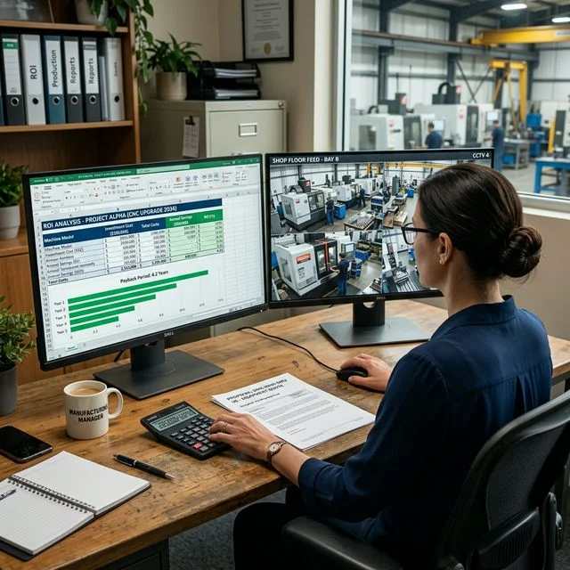Production manager at a desk with dual monitors showing ROI analysis spreadsheet with payback period bar chart on one screen and CNC shop floor camera feed on the other, calculator and equipment quote on desk for CNC machining workflows