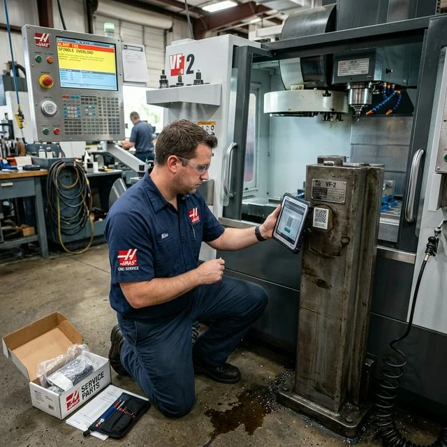 Haas CNC service technician in branded uniform scanning QR code on a VF-2 machine column with rugged tablet, service parts box on floor, diagnostic screen visible for CNC maintenance workflows