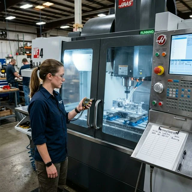 Manufacturing engineer timing a CNC machining cycle with a digital stopwatch next to a running Haas VF-4 vertical milling center, clipboard with cycle time data sheet on the console for CNC milling operations