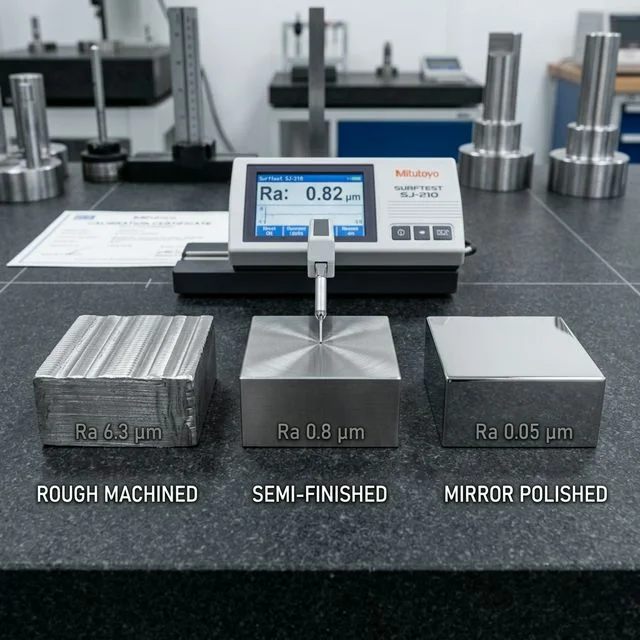 Three CNC machined metal samples showing progressive surface finishes: rough machined (Ra 6.3), semi-finished (Ra 0.8), and mirror polished (Ra 0.05) with a Mitutoyo surface roughness tester for CNC surface finishing workflows