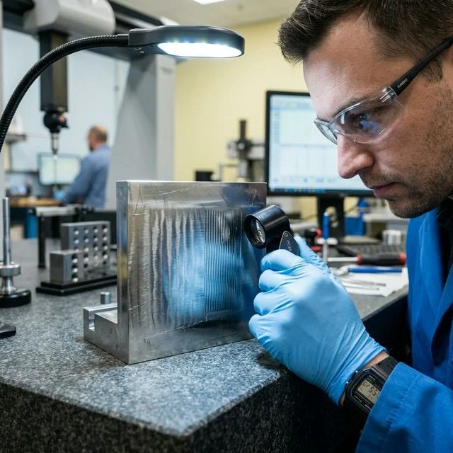 Quality inspector examining CNC machined surface defects with a magnifying loupe under inspection lighting in a metrology lab for CNC inspection workflows