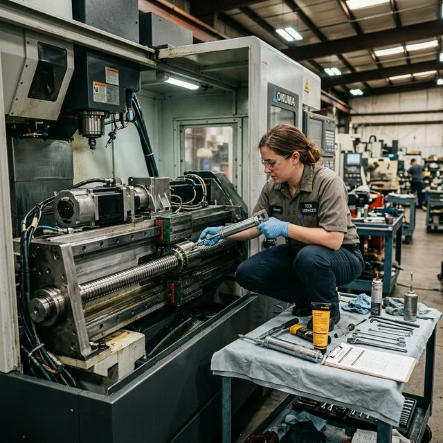 CNC machine maintenance technician performing preventive maintenance on a vertical machining center, exposing ballscrew mechanism and linear guides being lubricated for CNC maintenance workflows