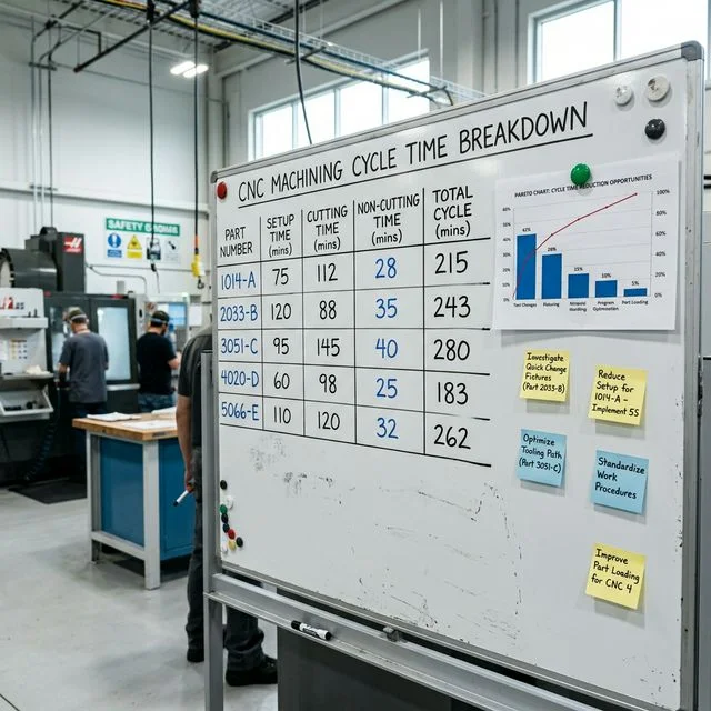 CNC machining cycle time board on a shop floor