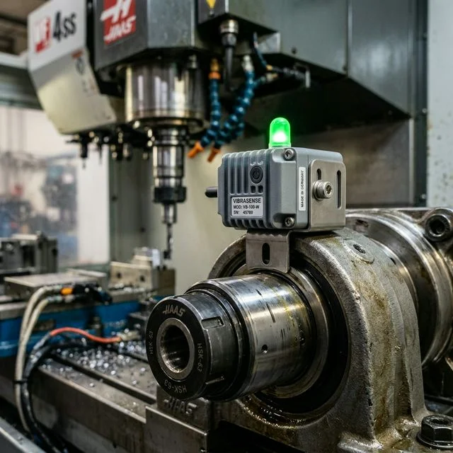Wireless vibration sensor module mounted on a CNC machine spindle bearing housing with green LED indicator, monitoring bearing condition for predictive maintenance for CNC maintenance workflows